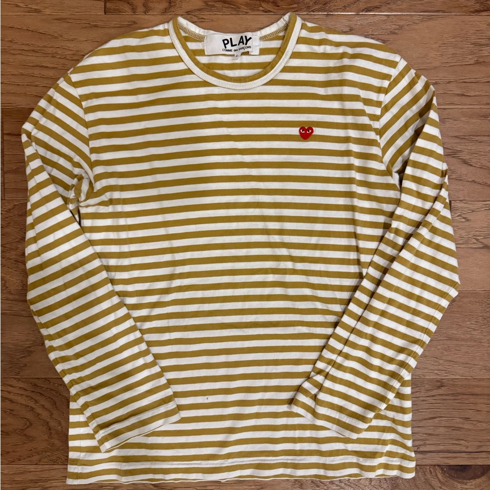 Comme des Garcons Play Yellow and White Striped Tee - Womens Size L (Tiny hole)